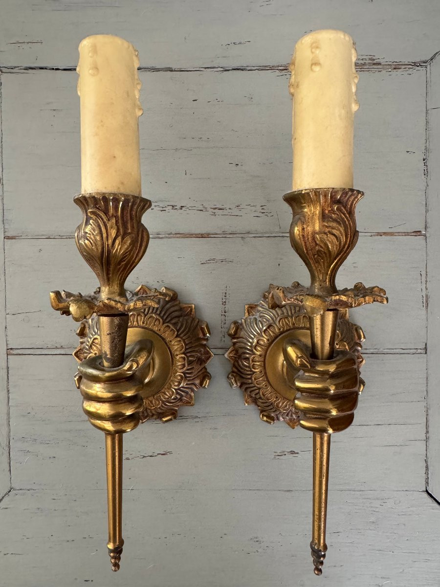 Antique Pair Of Gilt Bronze Sconces In The Style Of Maison Bagues 20th Century Torch Hand-photo-1