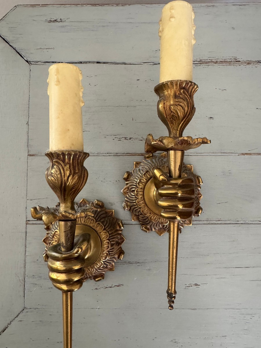 Antique Pair Of Gilt Bronze Sconces In The Style Of Maison Bagues 20th Century Torch Hand