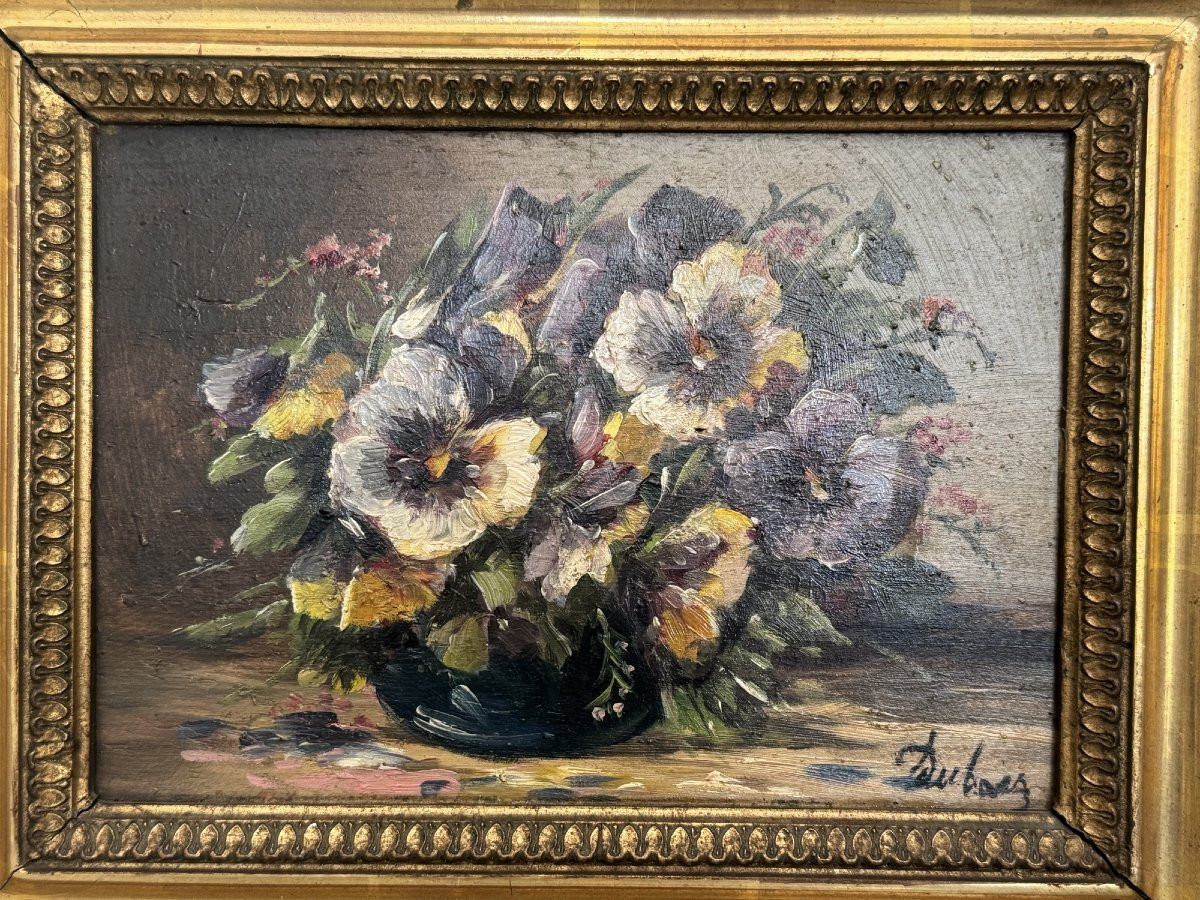 Ancien Tableau Huile Sur Panneau Nature Morte XIX Eme Les Pensées Au Vase, Fleurs Pensées Signé-photo-1