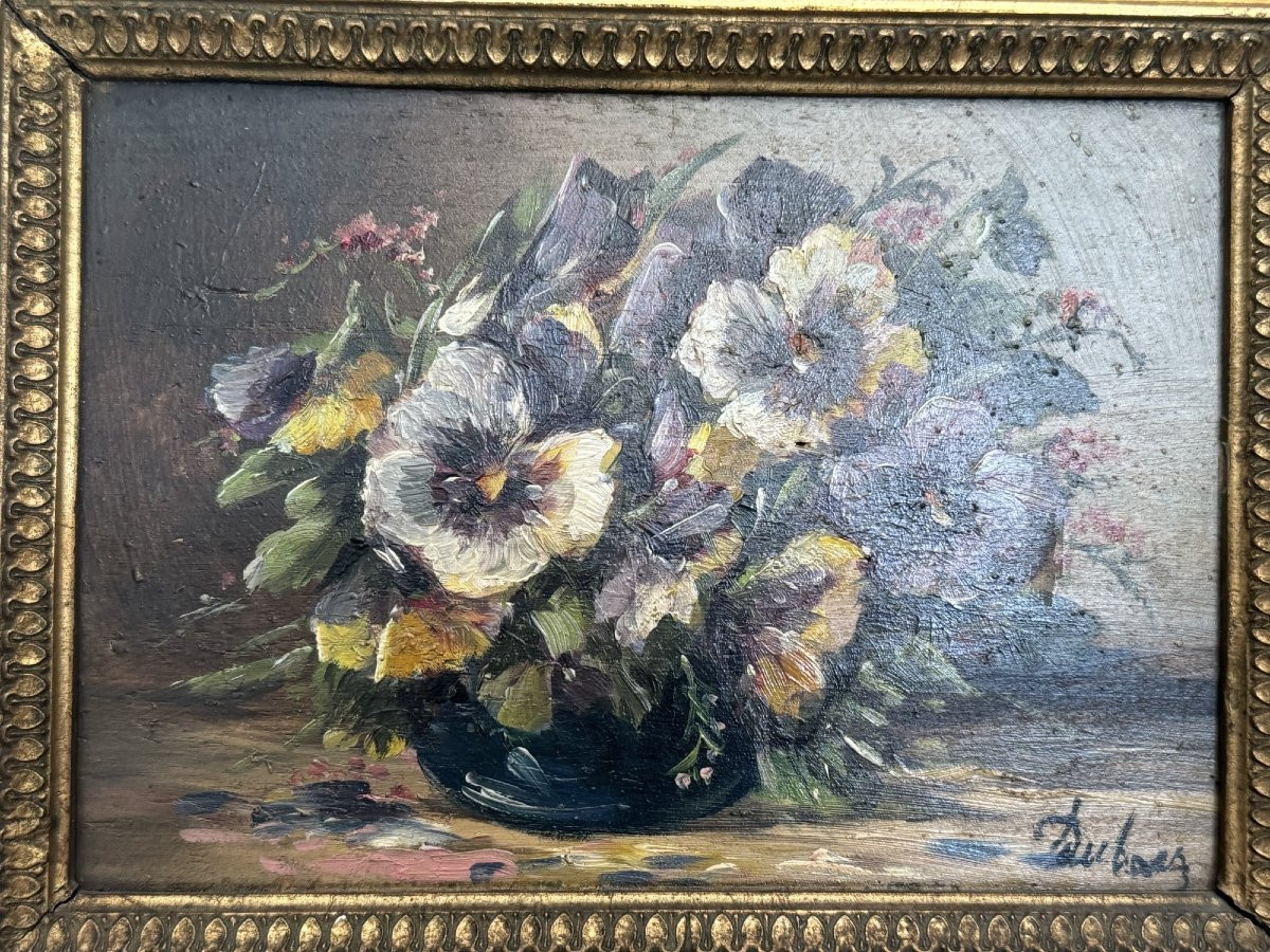 Ancien Tableau Huile Sur Panneau Nature Morte XIX Eme Les Pensées Au Vase, Fleurs Pensées Signé-photo-3