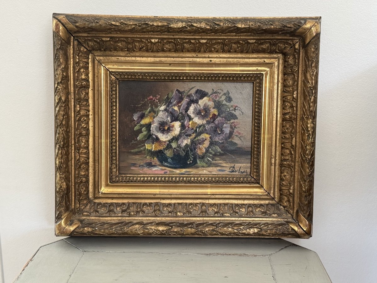 Ancien Tableau Huile Sur Panneau Nature Morte XIX Eme Les Pensées Au Vase, Fleurs Pensées Signé-photo-4