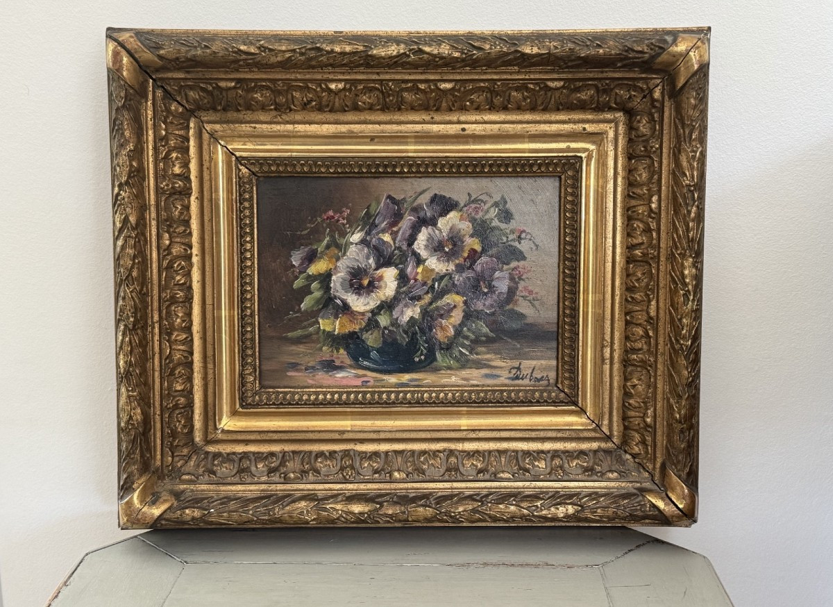 Ancien Tableau Huile Sur Panneau Nature Morte XIX Eme Les Pensées Au Vase, Fleurs Pensées Signé
