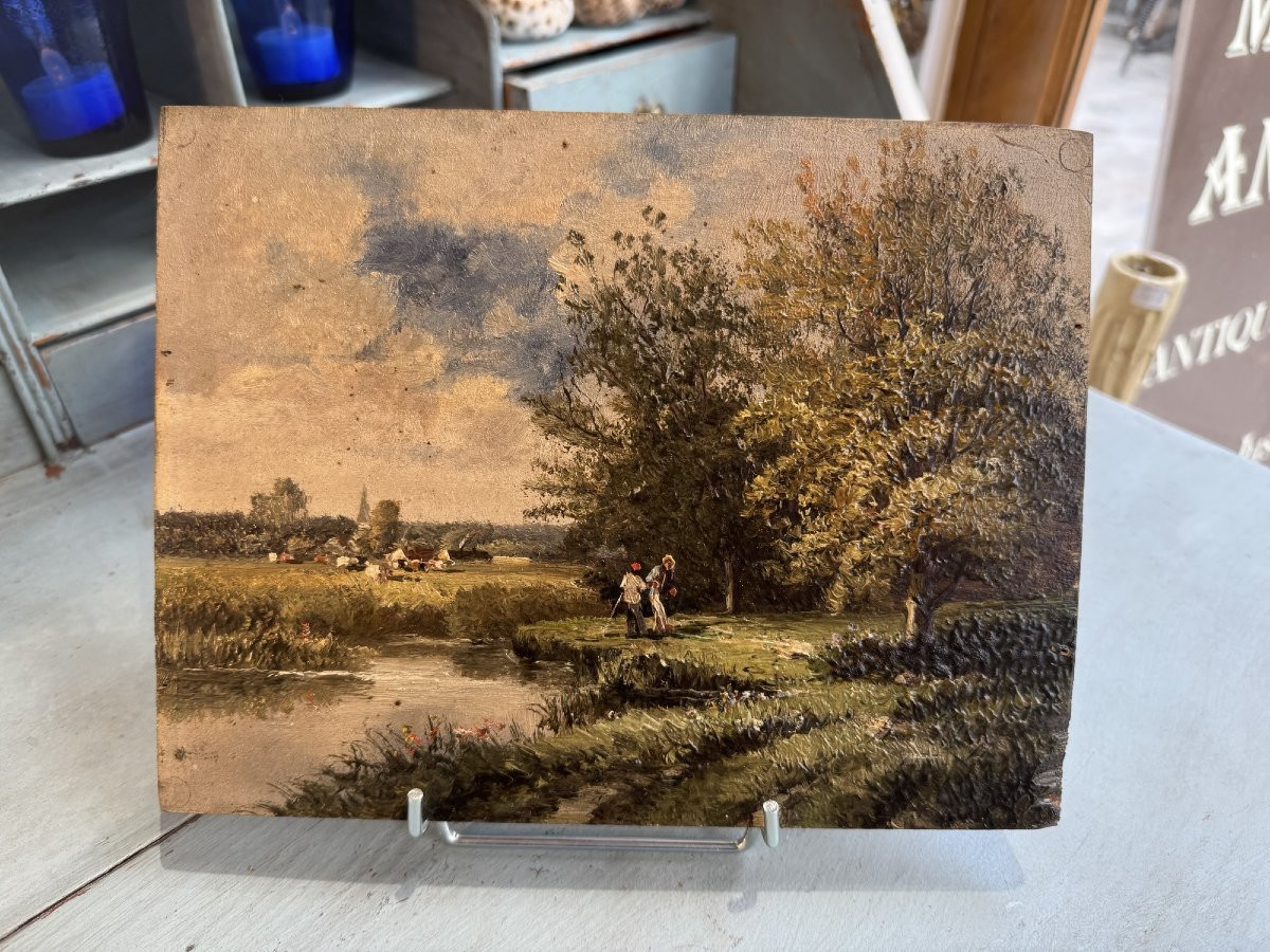 Ancien petit tableau Huile sur panneau d'acajou fin XIX siècle par A Roueff hsp barbizon-photo-2