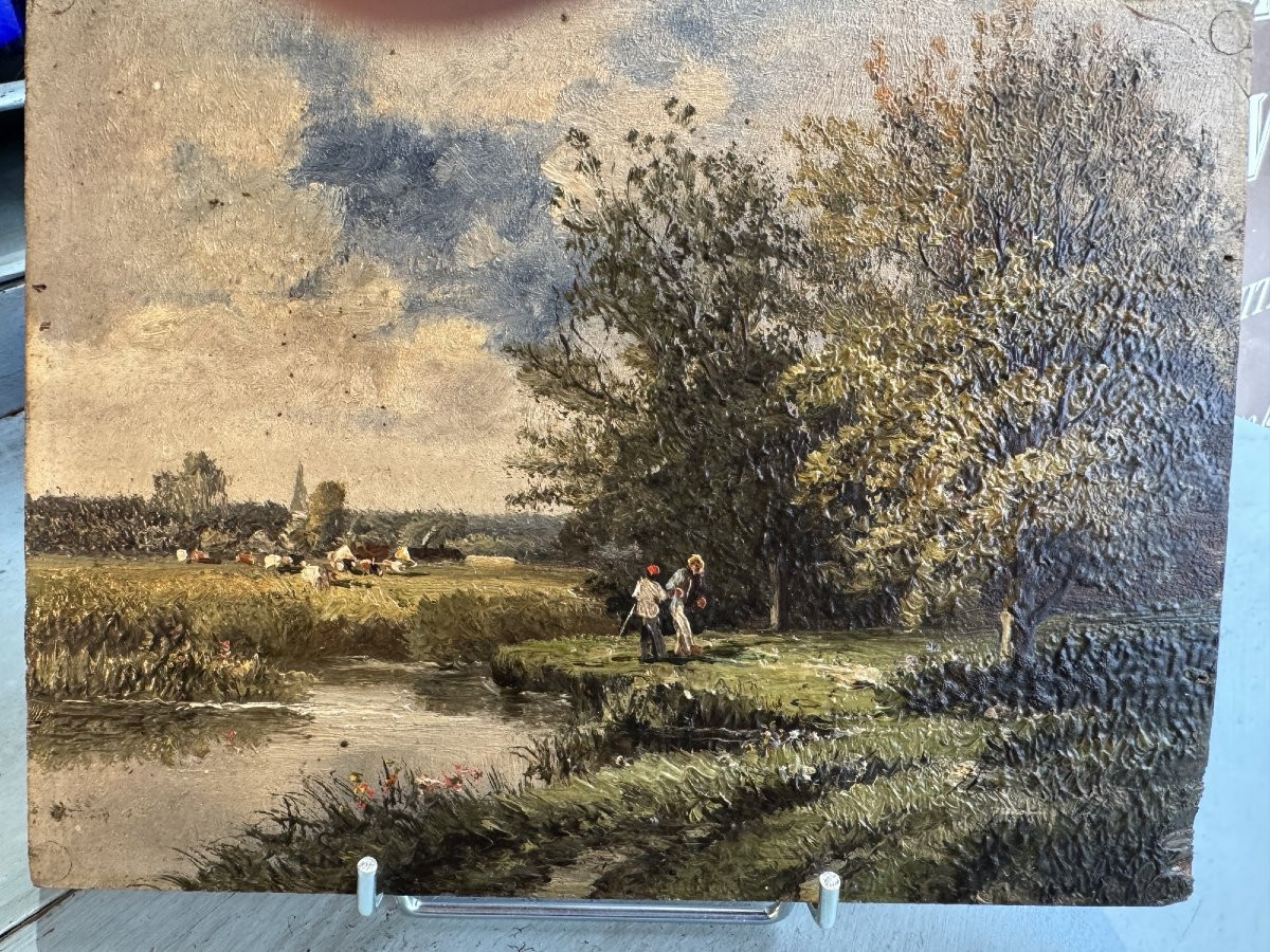 Ancien petit tableau Huile sur panneau d'acajou fin XIX siècle par A Roueff hsp barbizon-photo-3