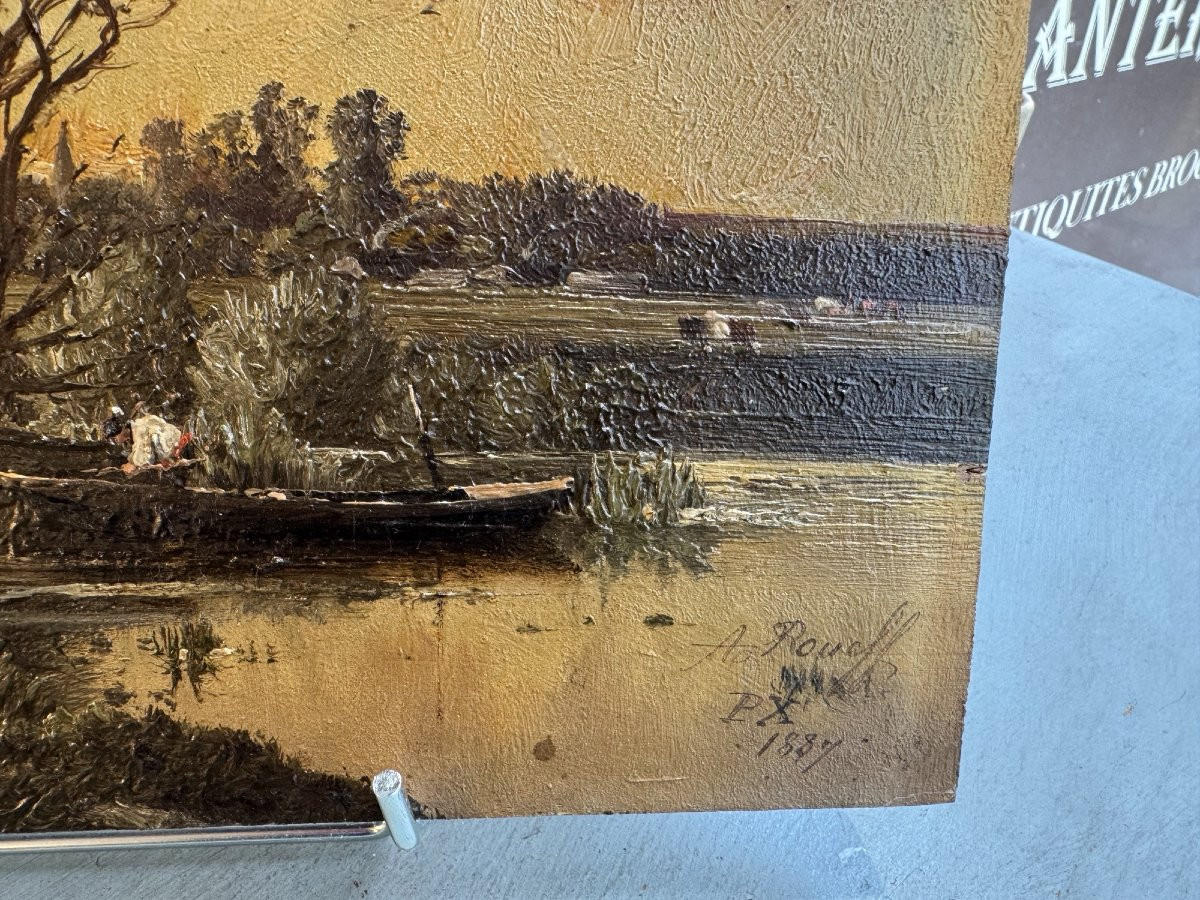 Ancien petit tableau Huile sur panneau d'acajou fin XIX siècle par A Roueff hsp barbizon 2-photo-2