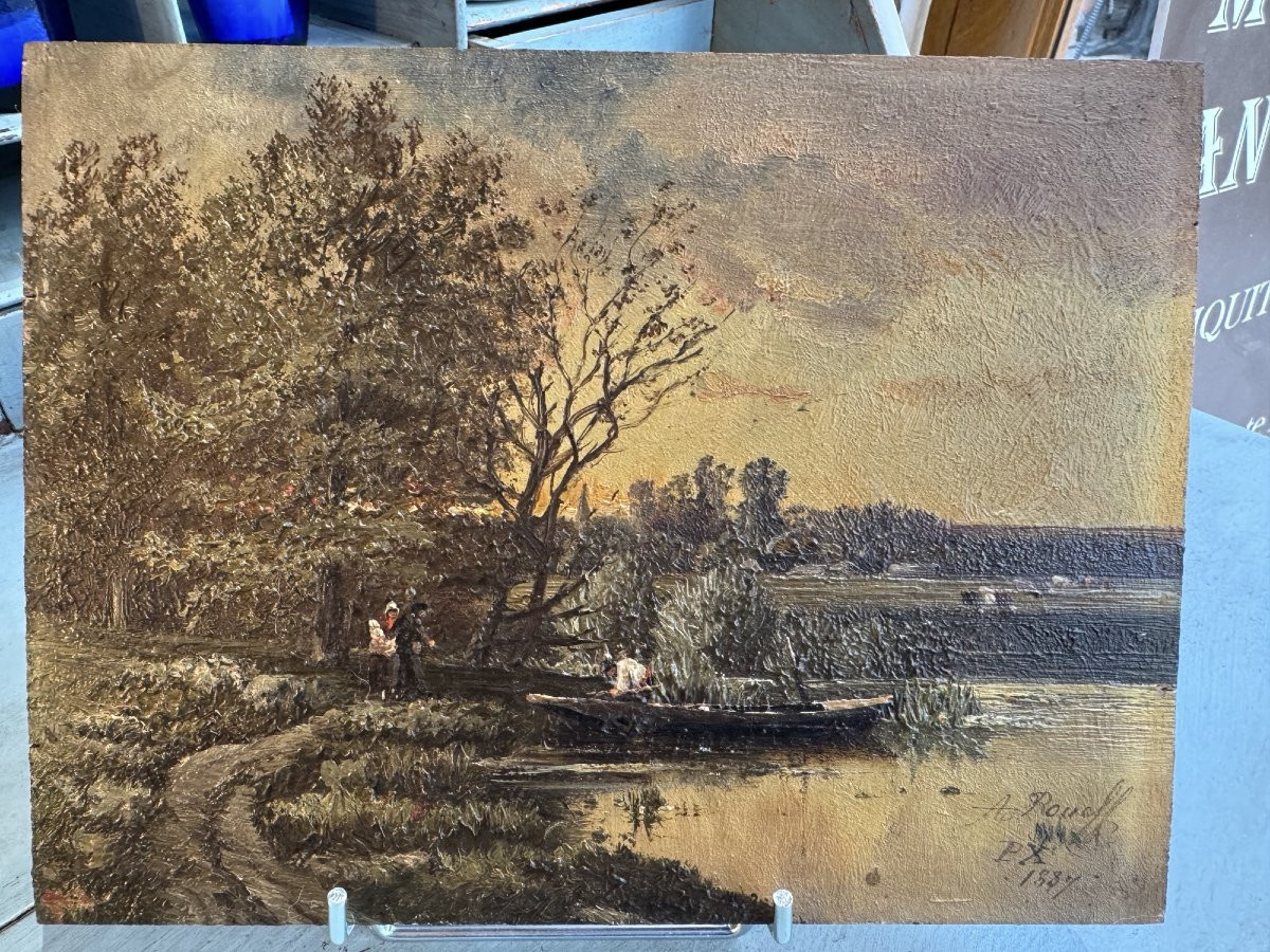 Ancien petit tableau Huile sur panneau d'acajou fin XIX siècle par A Roueff hsp barbizon 2-photo-4