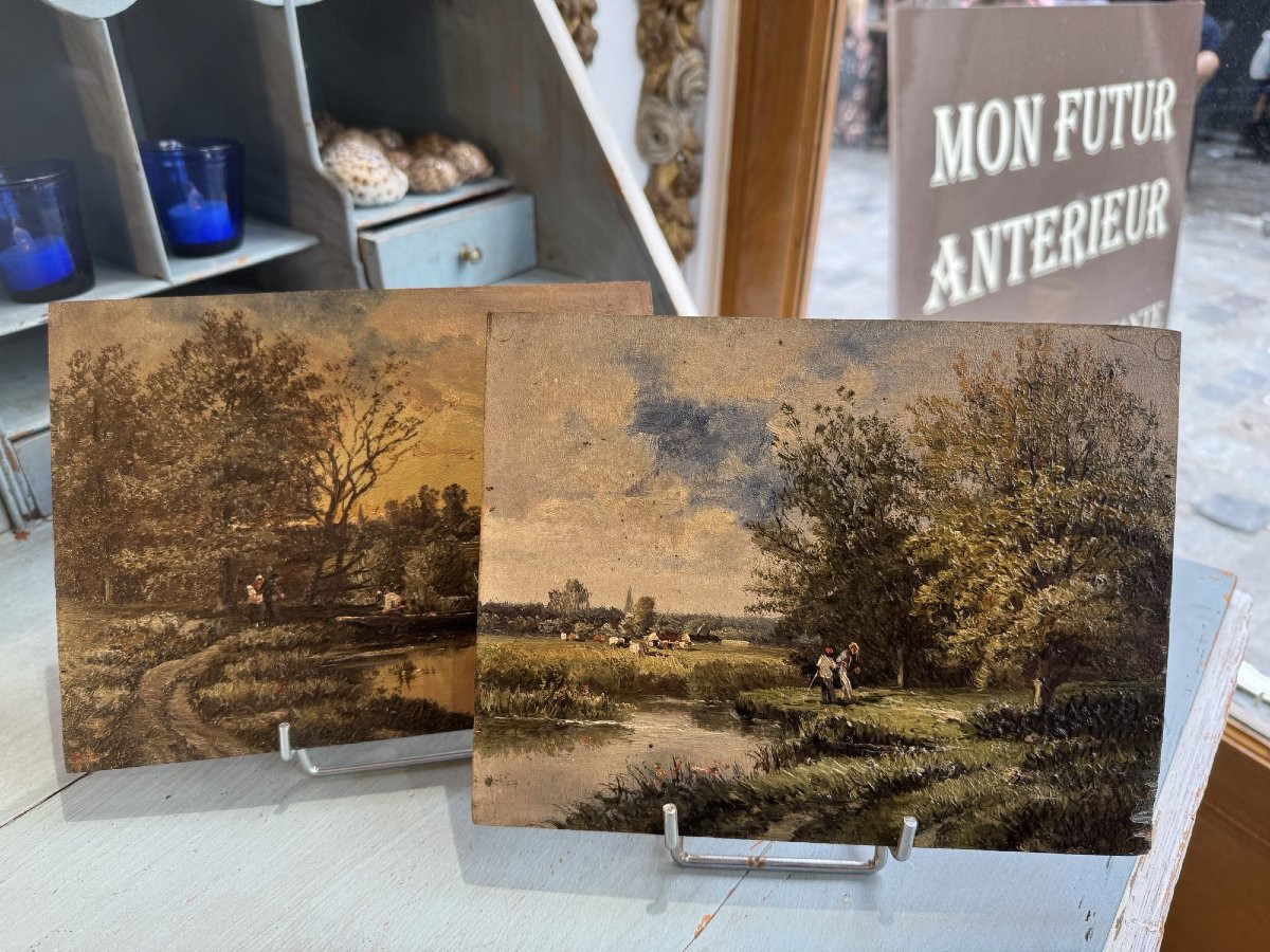 Ancien petit tableau Huile sur panneau d'acajou fin XIX siècle par A Roueff hsp barbizon 2-photo-7