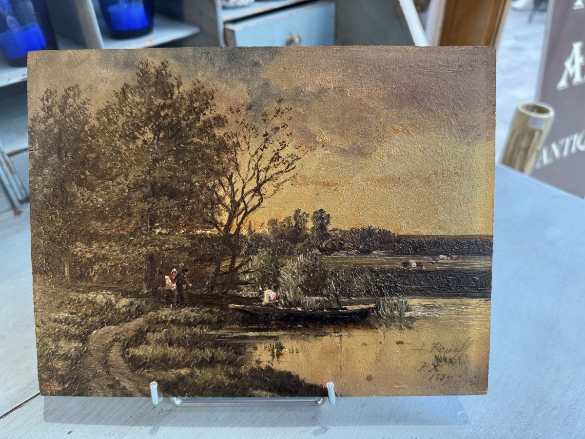 Ancien petit tableau Huile sur panneau d'acajou fin XIX siècle par A Roueff hsp barbizon 2