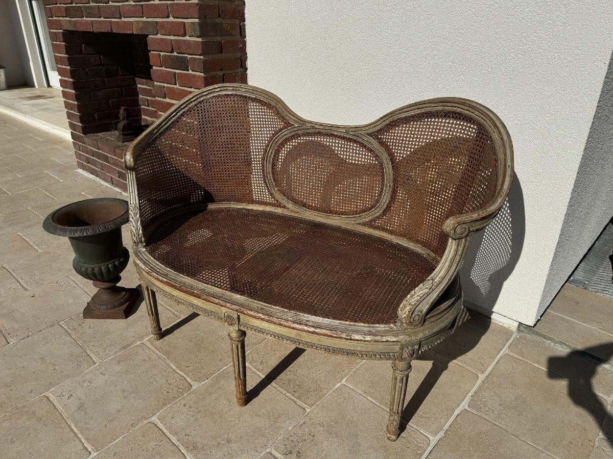 Ancien canapé banquette corbeille Style Louis XVI epo fin XIX siècle cannage patinée bon etat-photo-4