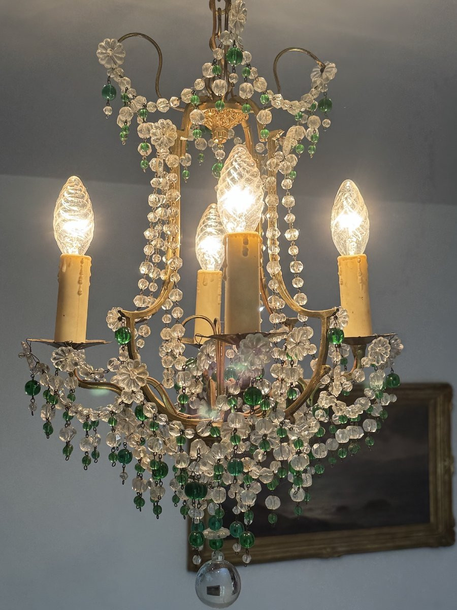 Antique Chandelier With Pendants And Green Tassels Circa 1900 -photo-2