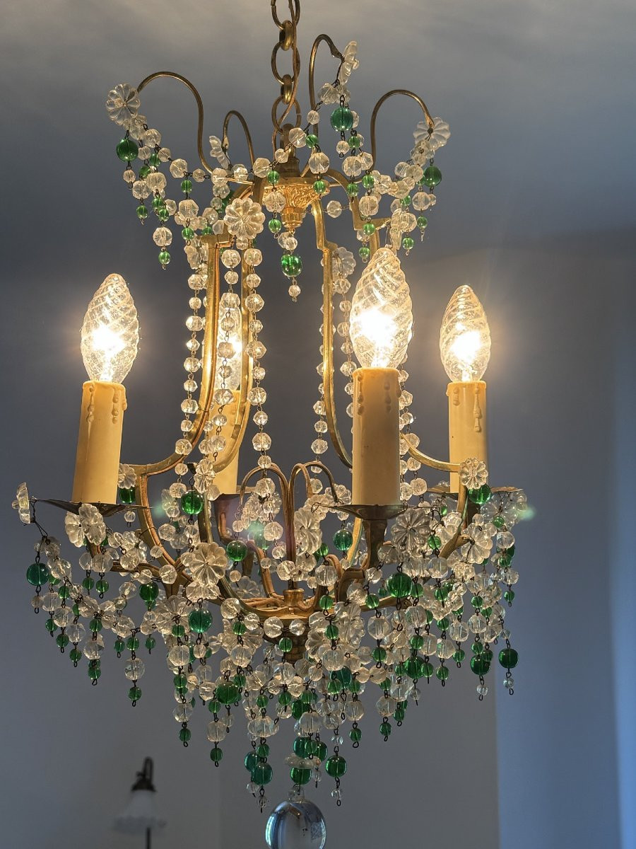 Antique Chandelier With Pendants And Green Tassels Circa 1900 -photo-2