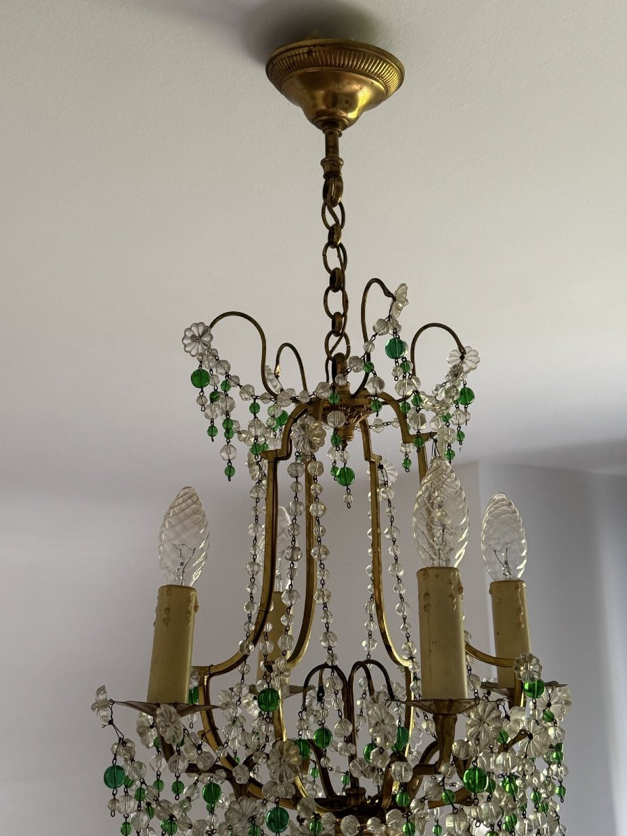 Antique Chandelier With Pendants And Green Tassels Circa 1900 -photo-4