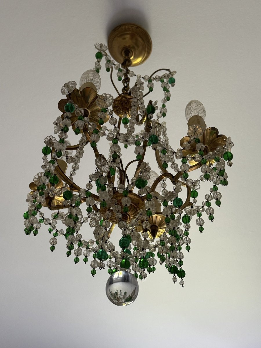 Antique Chandelier With Pendants And Green Tassels Circa 1900 -photo-6