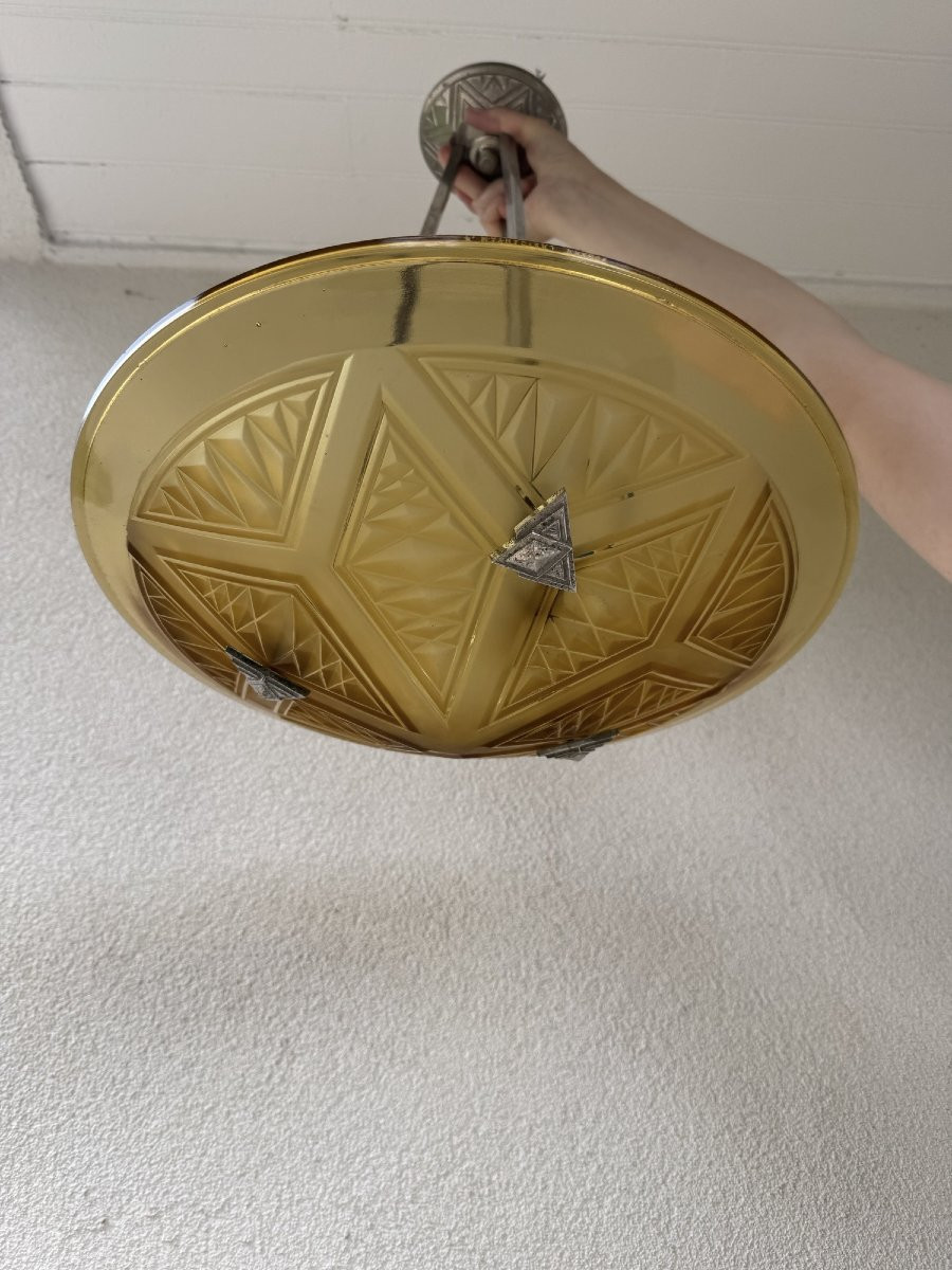 Antique Art Deco Molded Pressed Glass Ceiling Light By P Maynadier Art Deco 1930 Bronze Chandelier -photo-2