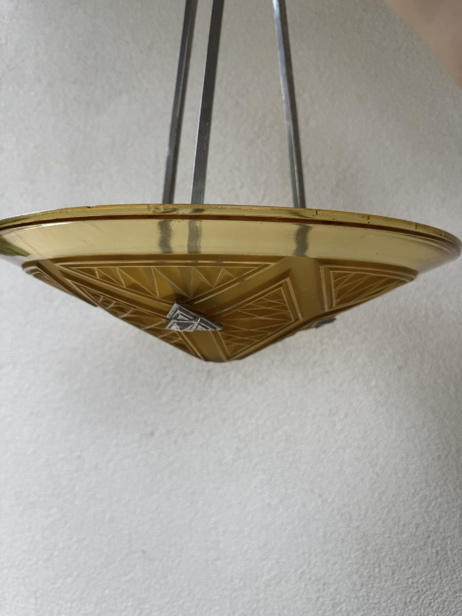 Antique Art Deco Molded Pressed Glass Ceiling Light By P Maynadier Art Deco 1930 Bronze Chandelier -photo-4
