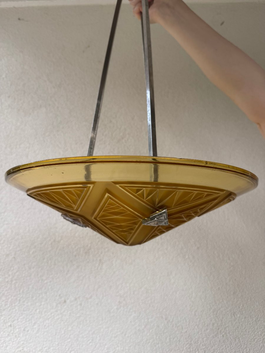 Antique Art Deco Molded Pressed Glass Ceiling Light By P Maynadier Art Deco 1930 Bronze Chandelier -photo-1