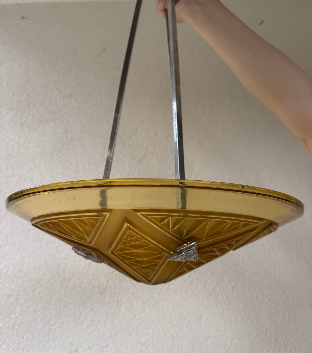 Antique Art Deco Molded Pressed Glass Ceiling Light By P Maynadier Art Deco 1930 Bronze Chandelier 