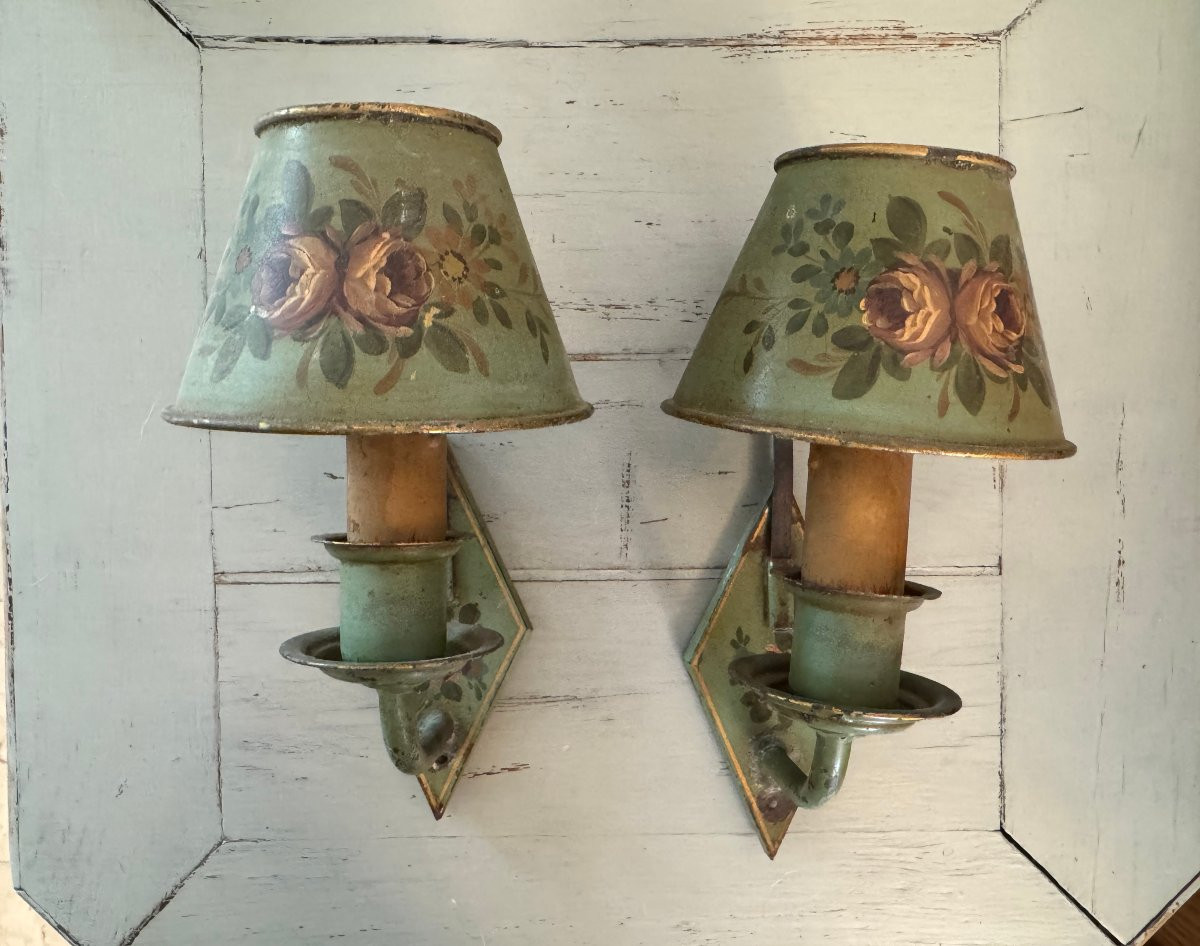 Ancienne paire d'appliques à chapeau en tole peinte vers 1900 tôle applique luminaire lustre-photo-3