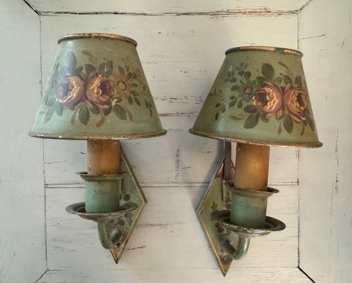 Ancienne paire d'appliques à chapeau en tole peinte vers 1900 tôle applique luminaire lustre-photo-6