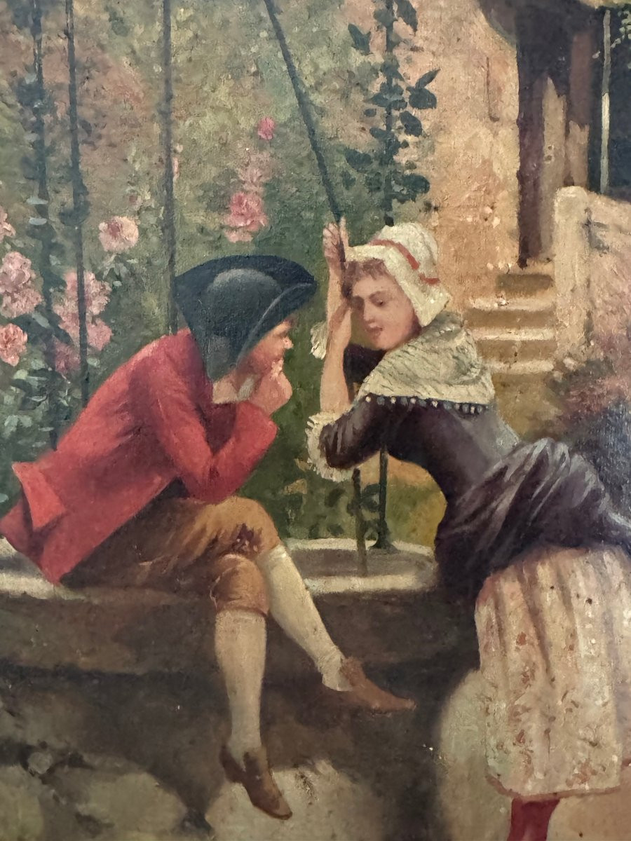 Old Small Painting Showing A Gallant Scene, Oil On Canvas, Late 19th Century Hst Leon Gambey-photo-4