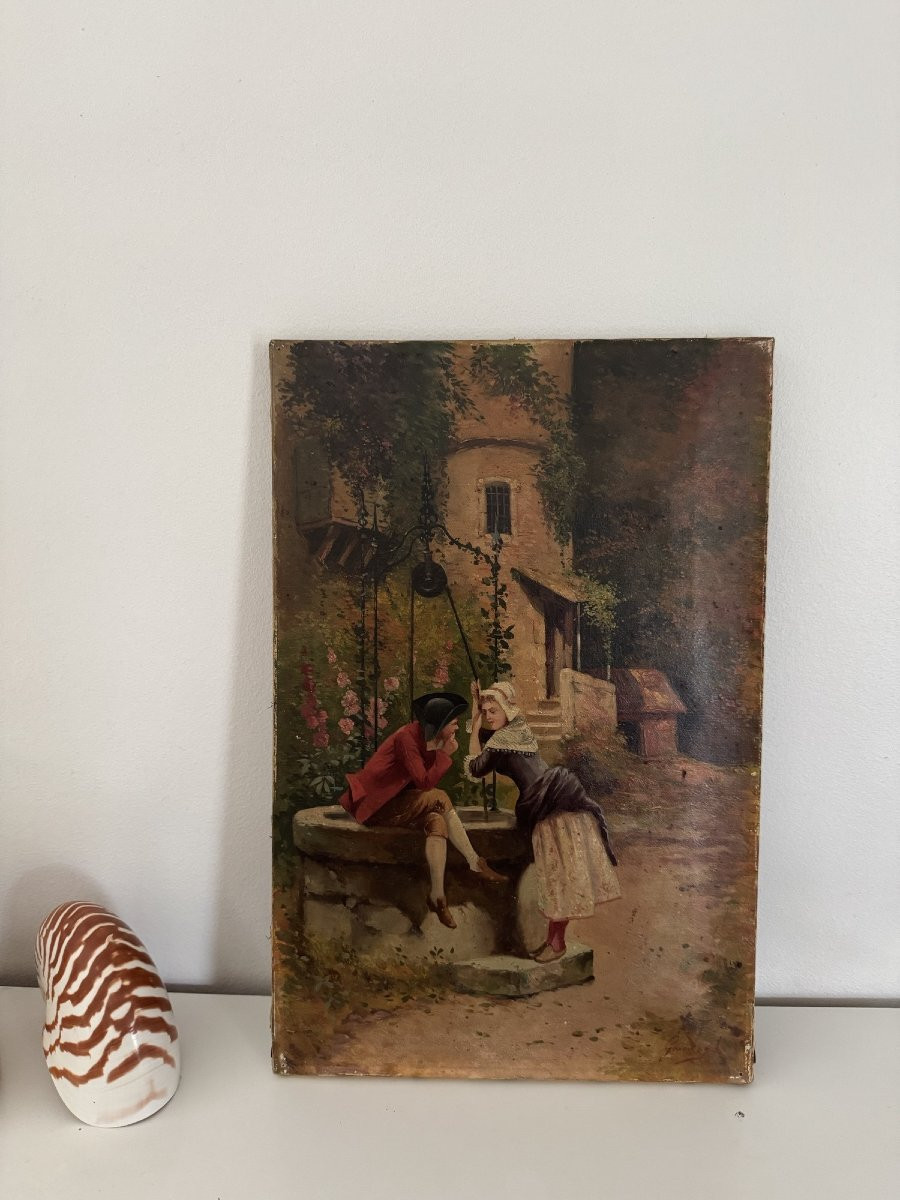 Old Small Painting Showing A Gallant Scene, Oil On Canvas, Late 19th Century Hst Leon Gambey-photo-1