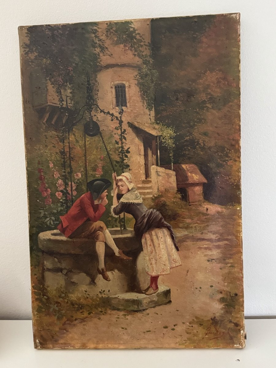 Old Small Painting Showing A Gallant Scene, Oil On Canvas, Late 19th Century Hst Leon Gambey-photo-2