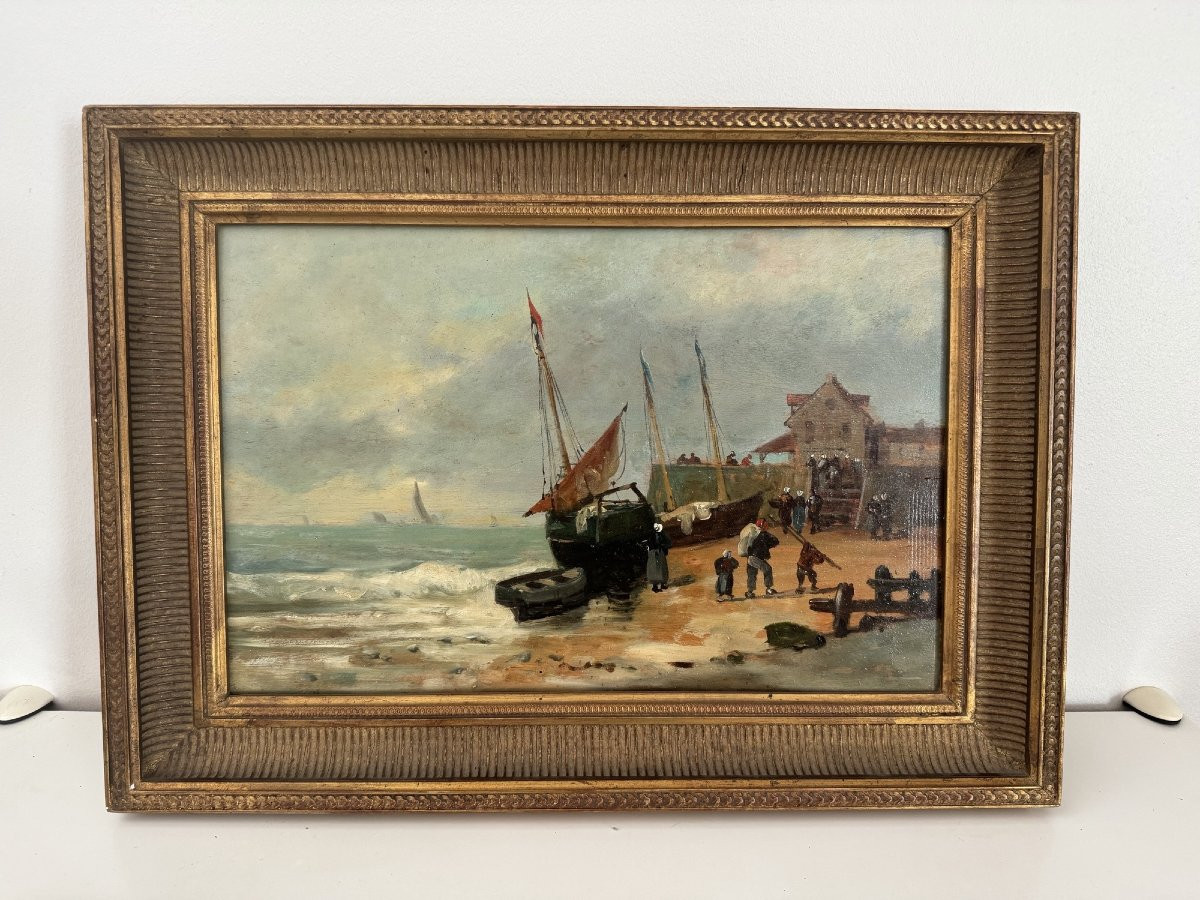 Ancien tableau marine Huile sur panneau HSP retour de pêche , fin XIX eme siècle, le portel-photo-2