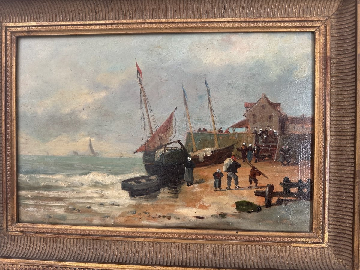 Ancien tableau marine Huile sur panneau HSP retour de pêche , fin XIX eme siècle, le portel-photo-3