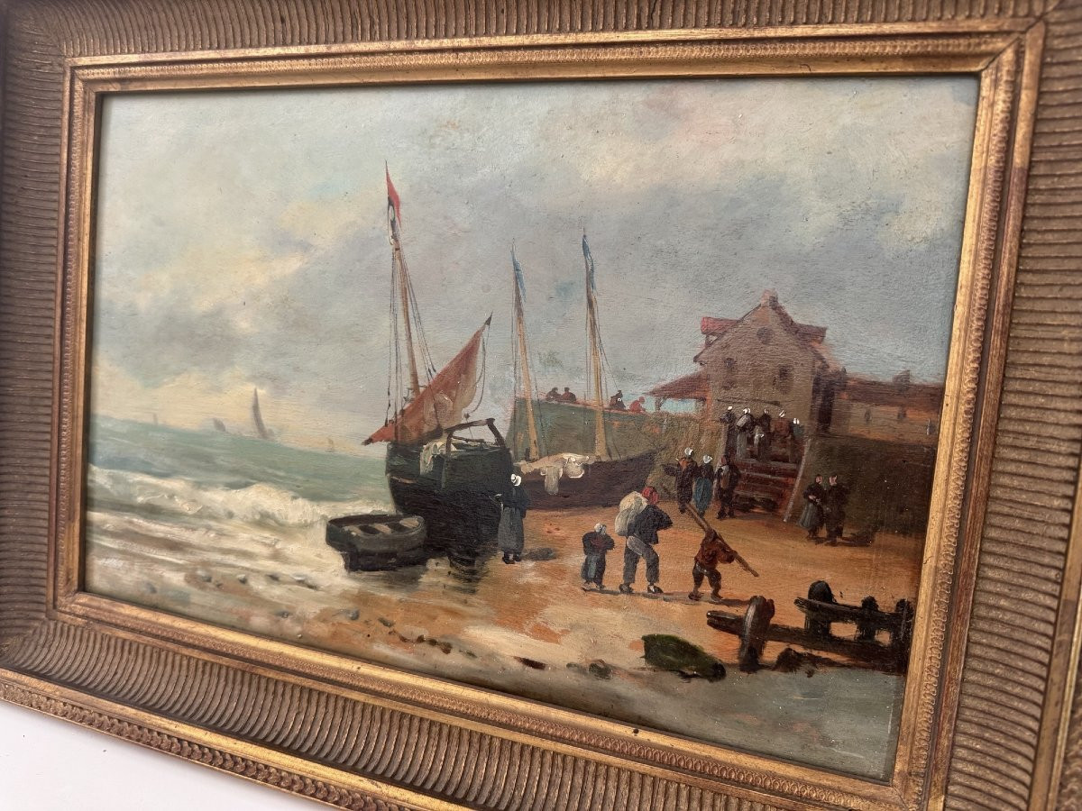 Ancien tableau marine Huile sur panneau HSP retour de pêche , fin XIX eme siècle, le portel-photo-3