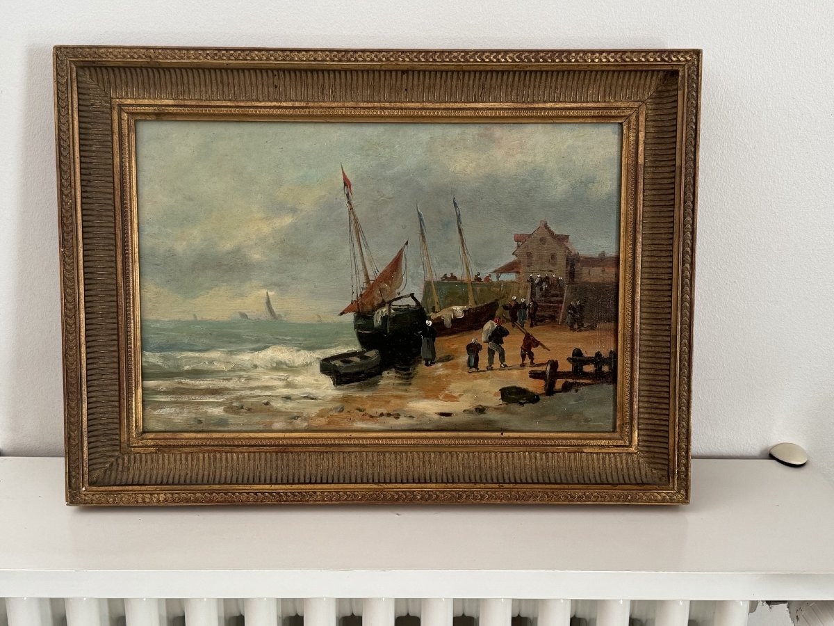 Ancien tableau marine Huile sur panneau HSP retour de pêche , fin XIX eme siècle, le portel-photo-5