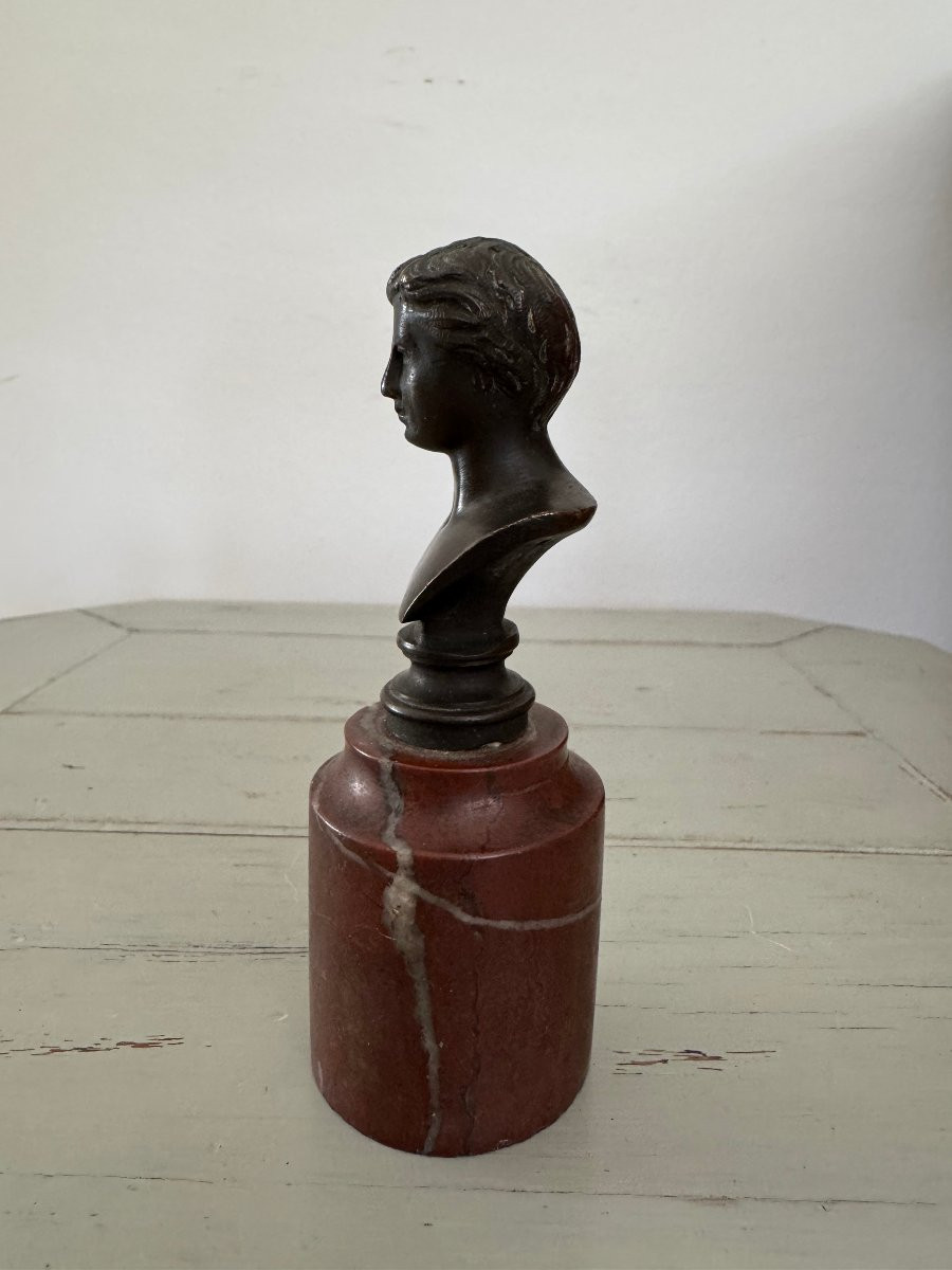 Antique Small Bronze Bust With A Man's Head On A Marble Base, 19th Century -photo-3