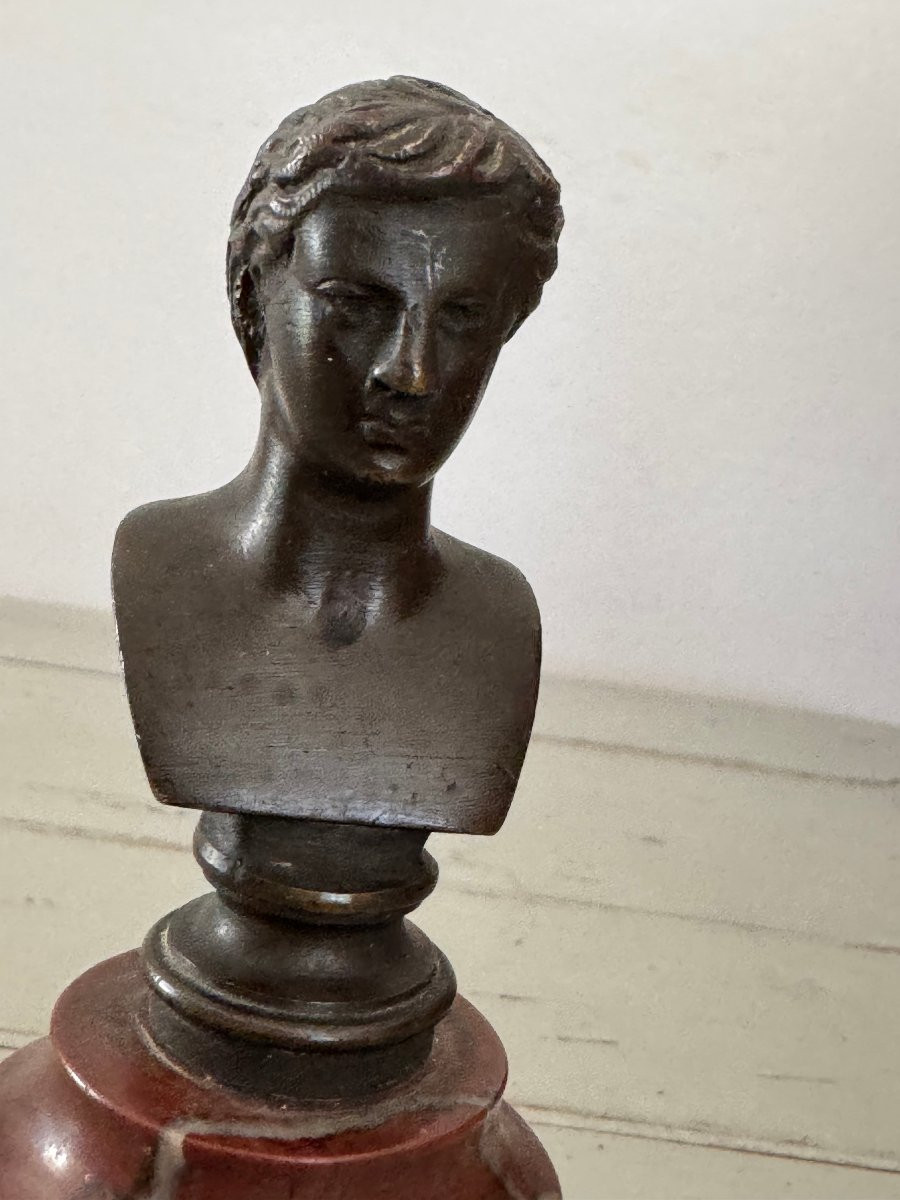 Antique Small Bronze Bust With A Man's Head On A Marble Base, 19th Century -photo-5