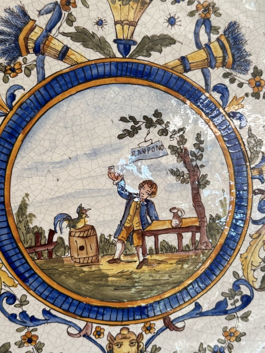 Old Large Earthenware Dish With Central Decoration, 19th Century, Nevers Moustier Earthenware 1-photo-2