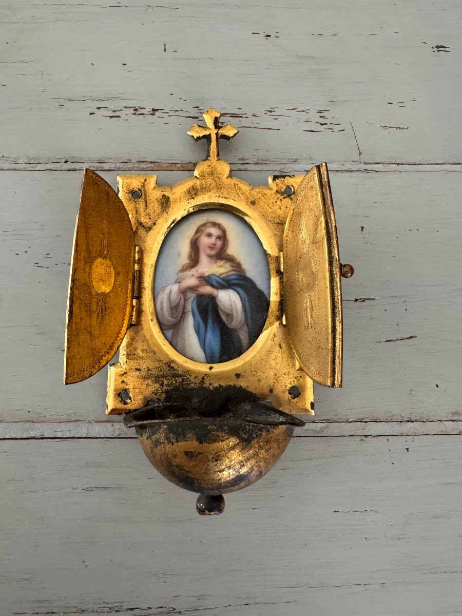 Ancien petit benitier en laiton et plaque de porcelaine peinte XIX eme siècle religion -photo-1