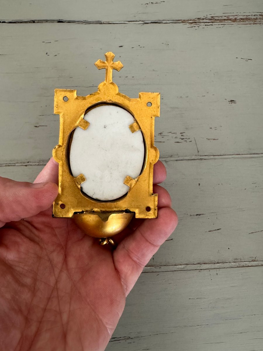 Ancien petit benitier en laiton et plaque de porcelaine peinte XIX eme siècle religion -photo-6