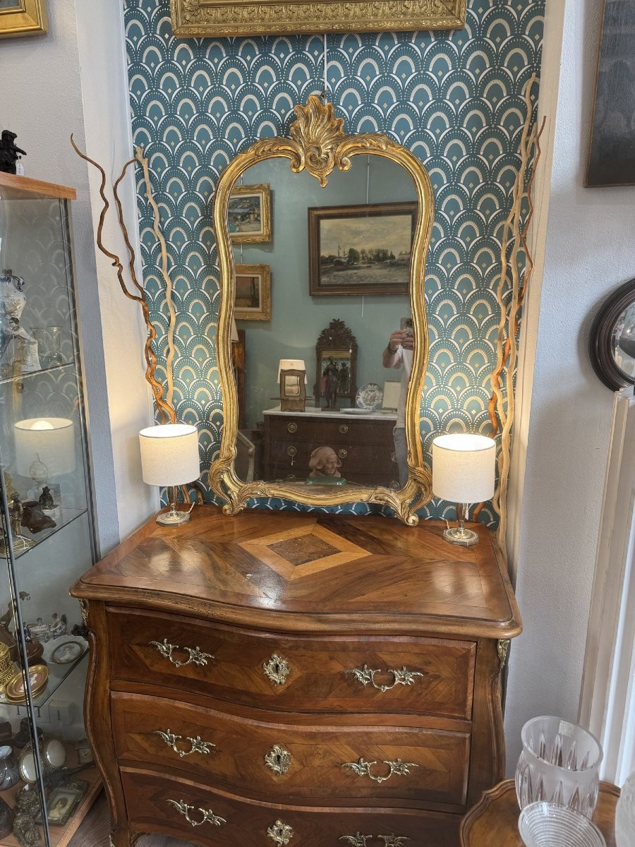 Antique 19th Century Gilded Wooden Mirror In Louis XV Style With A Chimney Shell-photo-3