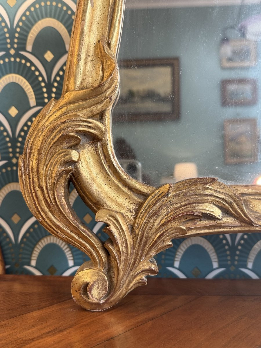 Antique 19th Century Gilded Wooden Mirror In Louis XV Style With A Chimney Shell-photo-3