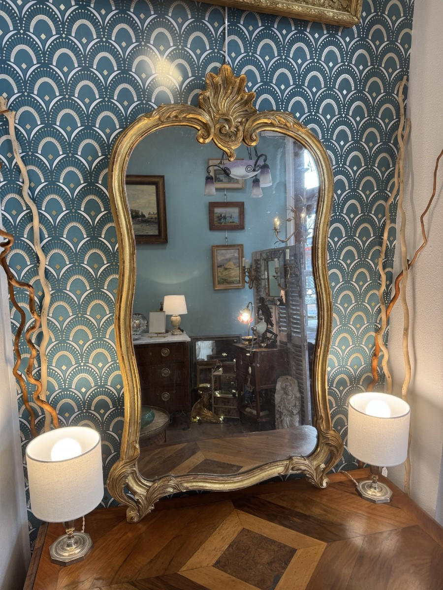 Antique 19th Century Gilded Wooden Mirror In Louis XV Style With A Chimney Shell