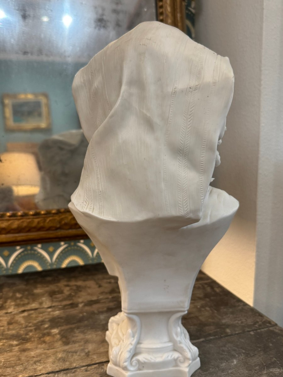 Antique Large Bust In Porcelain Biscuit From The End Of The 19th Century, Perfect Condition, Lace-photo-5