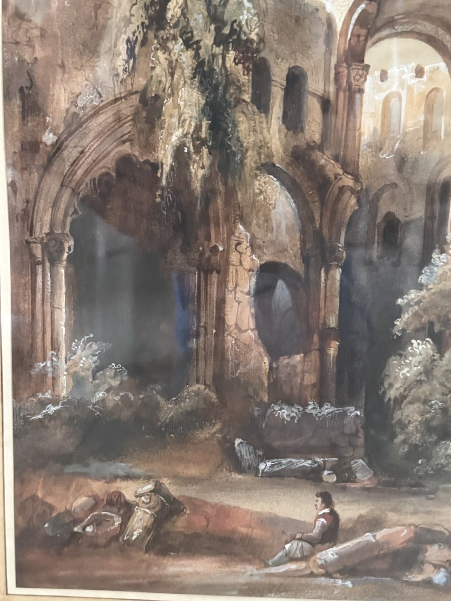 Tableau ancien à l'aquarelle rehaussée dans le goût Hubert Robert tout début XIX eme ruines -photo-4
