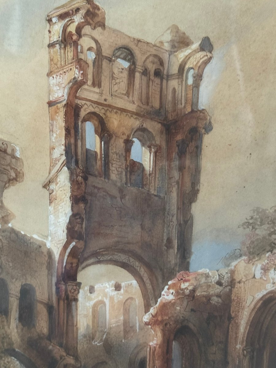 Tableau ancien à l'aquarelle rehaussée dans le goût Hubert Robert tout début XIX eme ruines -photo-3