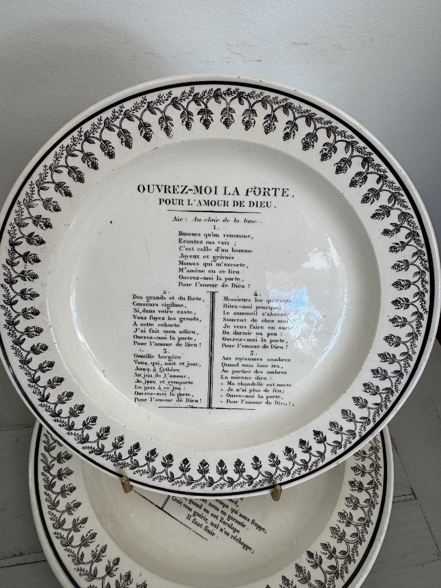 Set Of 5 Song And Lyrics Plates By Montereau Ll & T Circa 1830 Creil Fine Earthenware -photo-3