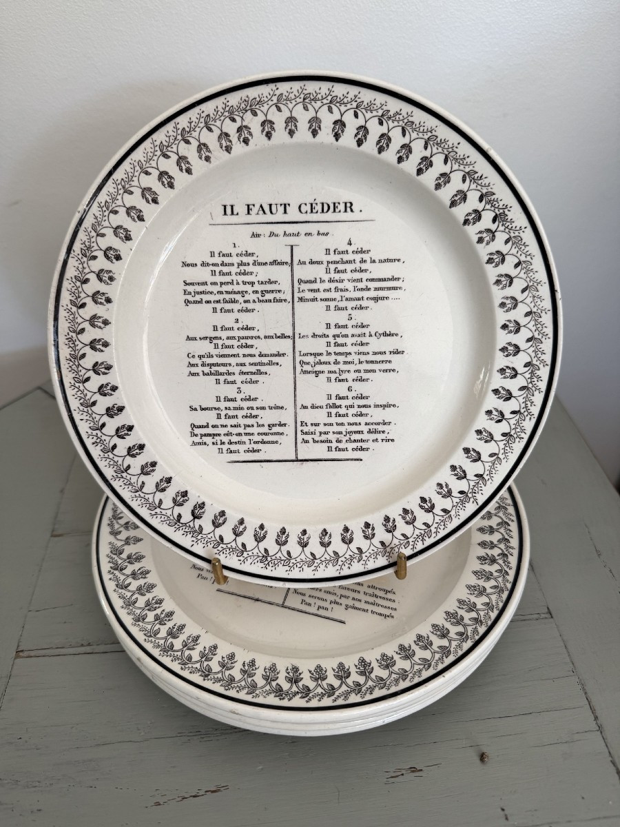 Set Of 5 Song And Lyrics Plates By Montereau Ll & T Circa 1830 Creil Fine Earthenware 