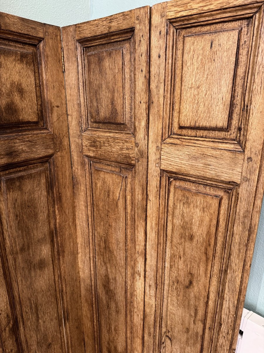 Old Patinated Wooden Screen Circa 1900 With 4 Leaves-photo-3