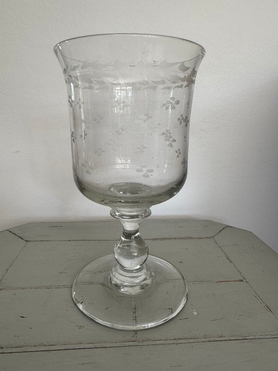 Ancien grand verre normand dit de mariage en verre gravé epoque XIX eme siècle -photo-2
