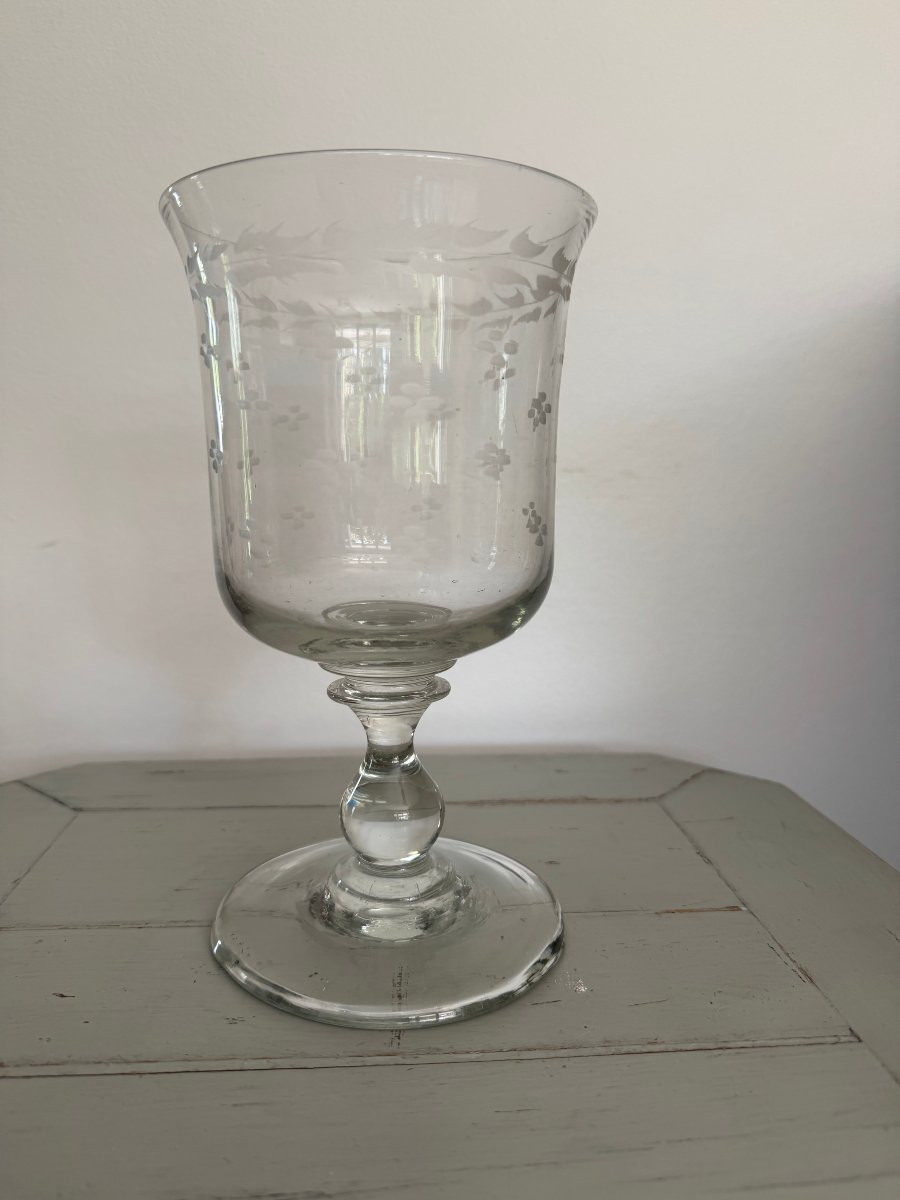 Ancien grand verre normand dit de mariage en verre gravé epoque XIX eme siècle -photo-4