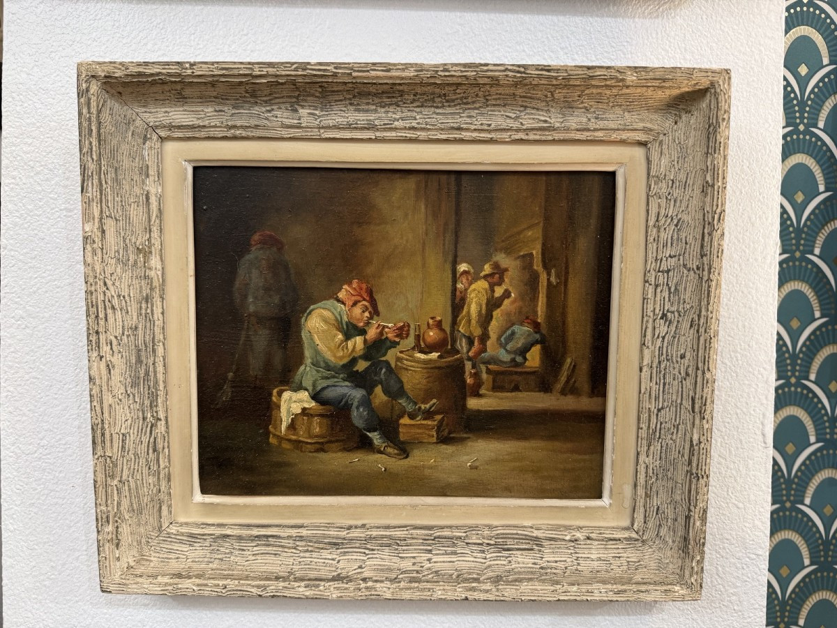 Ancien tableau HSP Huile sur panneau dlg des scenes de tavernes flamandes début XX eme teniers