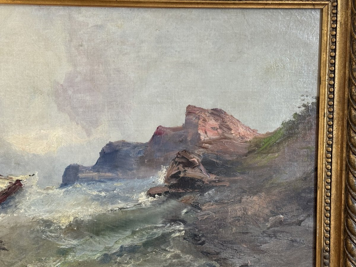Antique Oil Painting On Marine Canvas By Emile Godchaux, 19th Century, Normandy Coast-photo-2