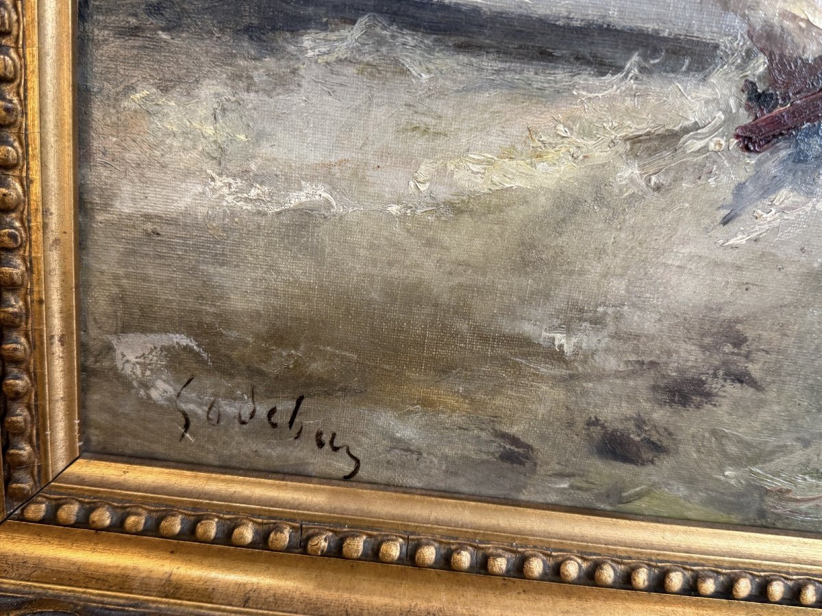 Antique Oil Painting On Marine Canvas By Emile Godchaux, 19th Century, Normandy Coast-photo-5