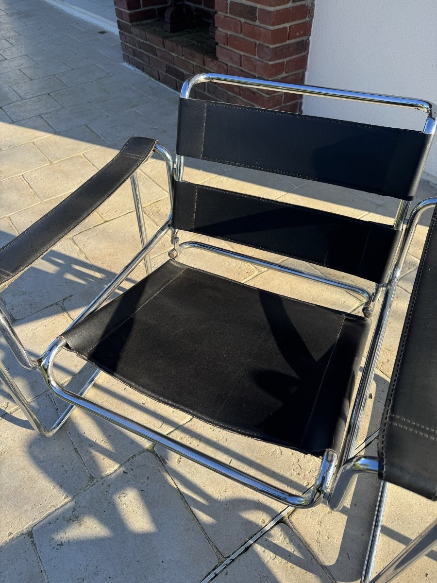 Ancienne paire de fauteuils vintage dans le gout Wassily Brauer vers 1980-photo-4